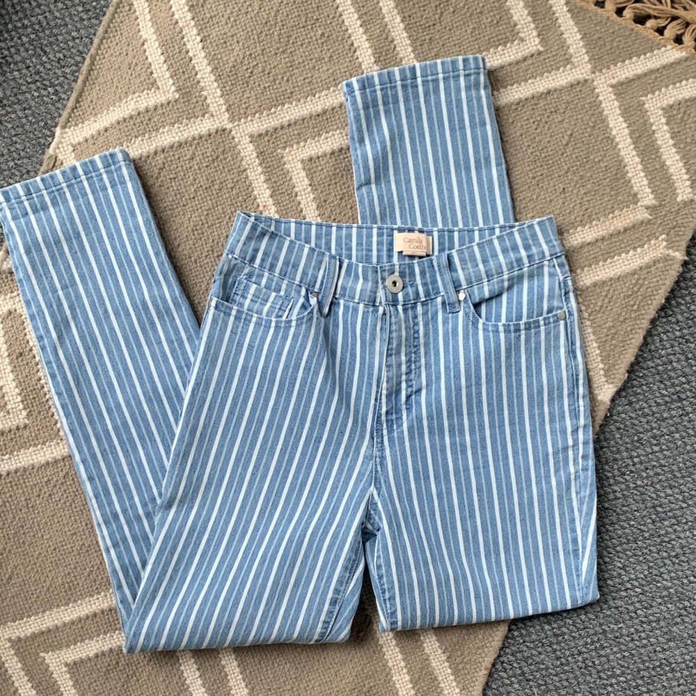 Camila Coelho Blue and White Striped Straight Leg Jeans